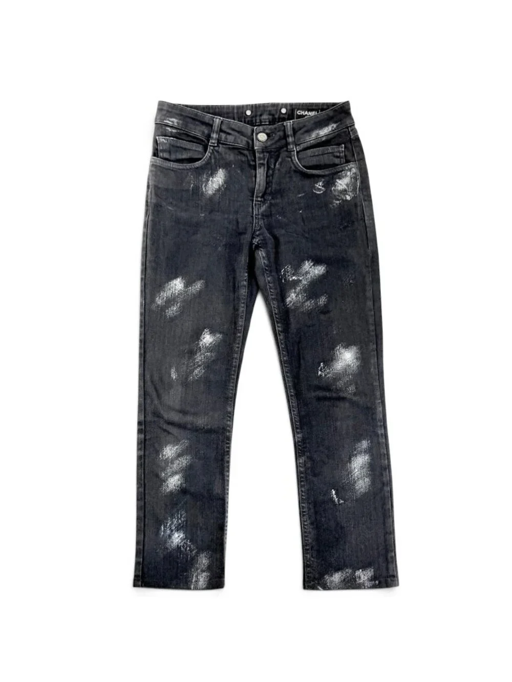 Chanel Cotton Coco Button Painted Skinny Denim Pants Black 36